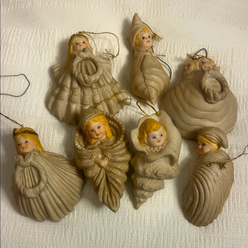 Vintage Margaret Furlong bisque porcelain shell angel ornaments set of 7